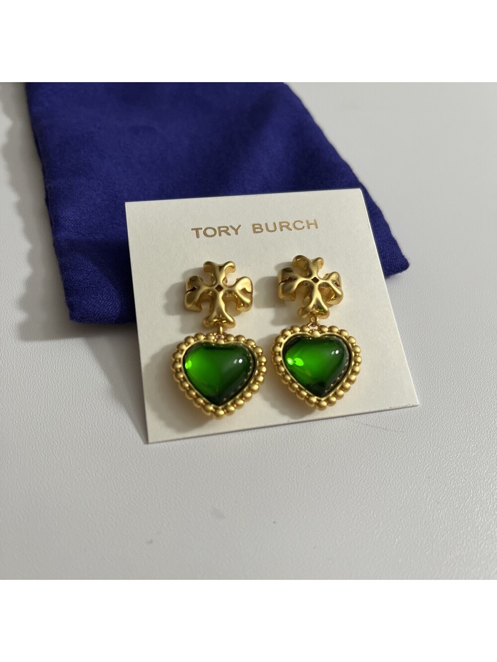 TORY BURCH ROXANNE GREEN CRYSTAL DROP EARRINGS
